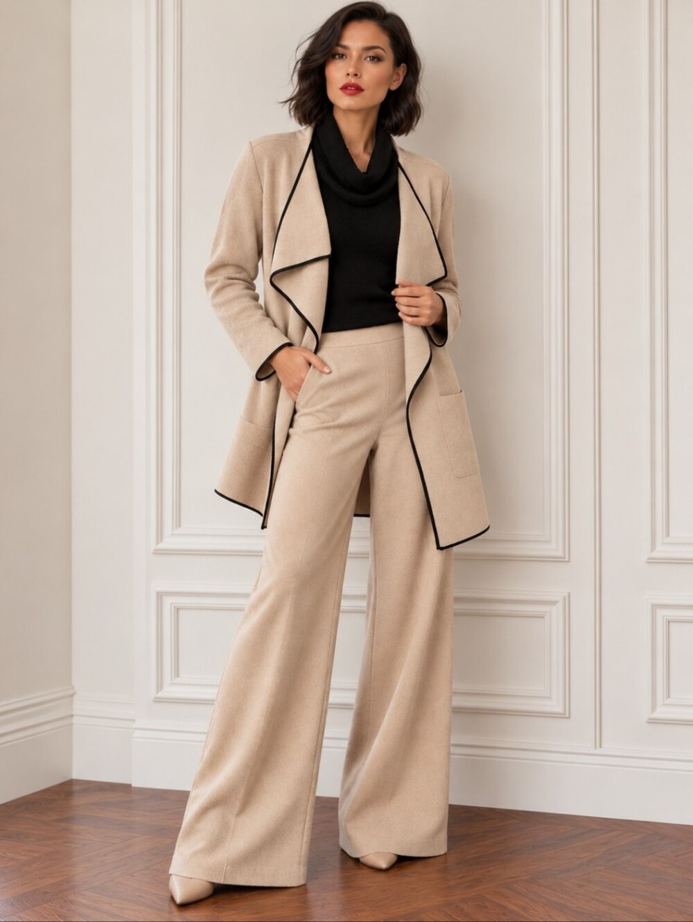 Zara Knit Beige Waterfall Cardigan Cape | Quiet Luxury Faux-Leather Trim